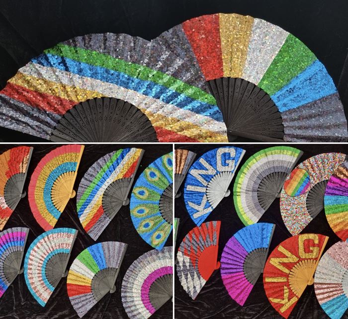 A collage of images of glittery decorative fans