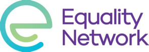 a large e in blue that fades to green and the words equality network in purple text