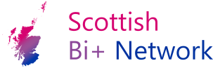 outline of scotland in the bi pride colours and the words Scottish Bi+ Network